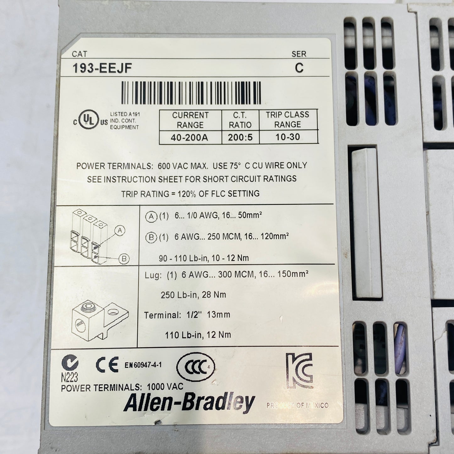 ALLEN BRADLEY 193-EEJF OVERLOAD RELAY