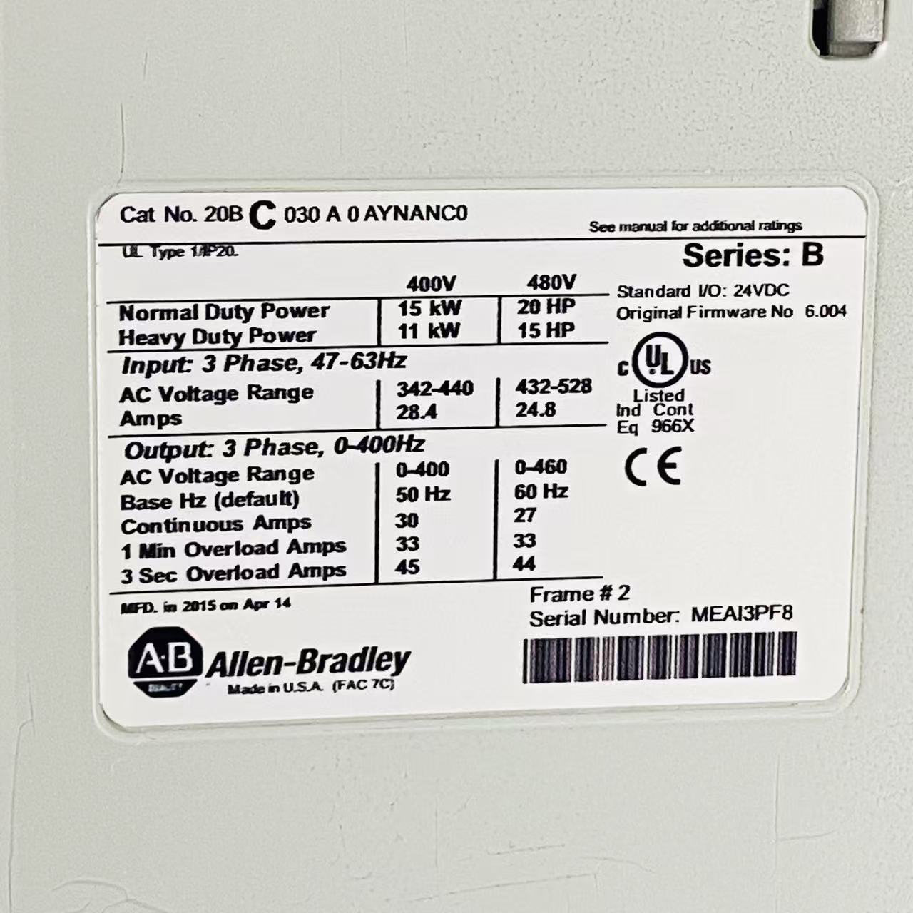 Allen-Bradley 20BC030A0AYNANC0 PowerFlex 700 AC Drive