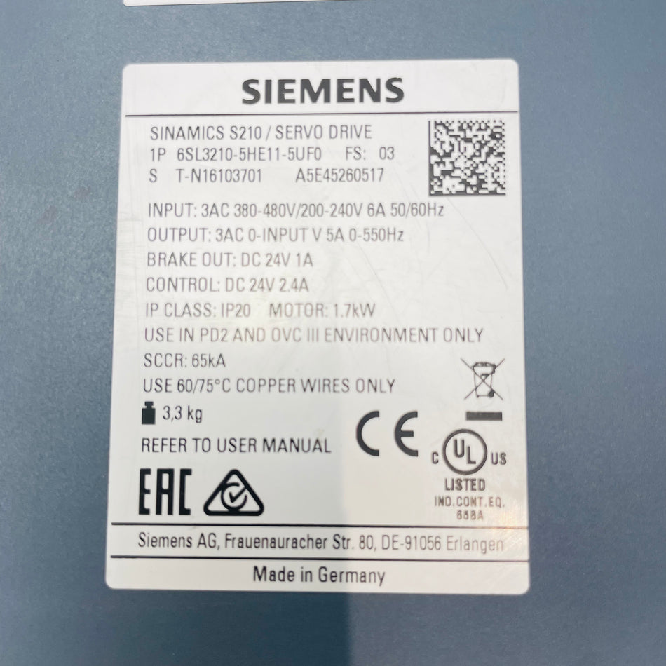 SIEMENS 6SL3210-5HE11-5UF0 FS 02 Sinamics S210 Servo Drive