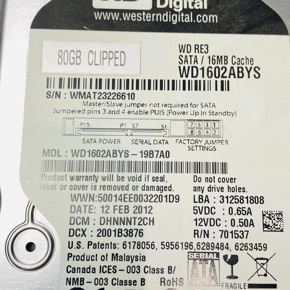 西部數據 WD1602ABYS-19B7A0 硬碟