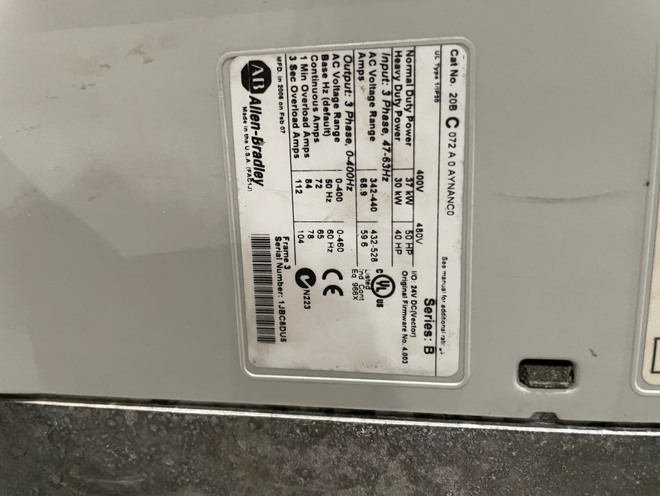 Allen-Bradley 20BC072A0AYNANC0 PowerFlex 700 AC Drive