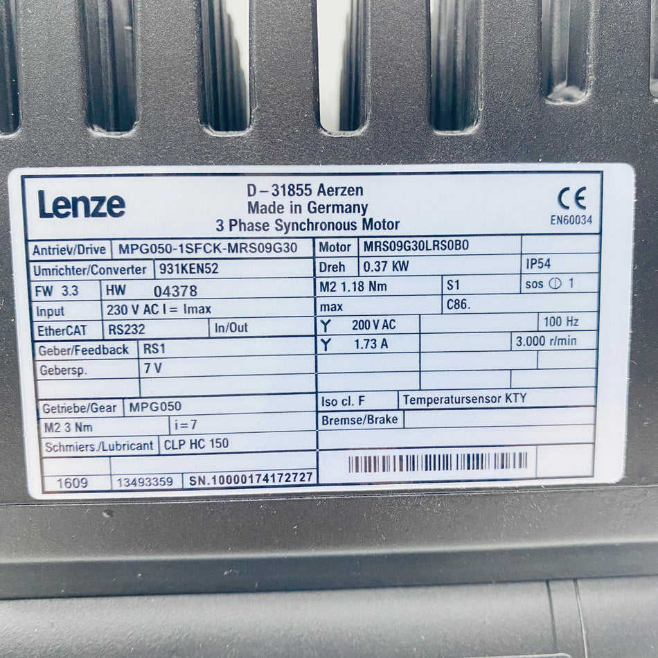 LENZE Motor MPG050-1SFCK-MRS09G30 - Rockss Automation