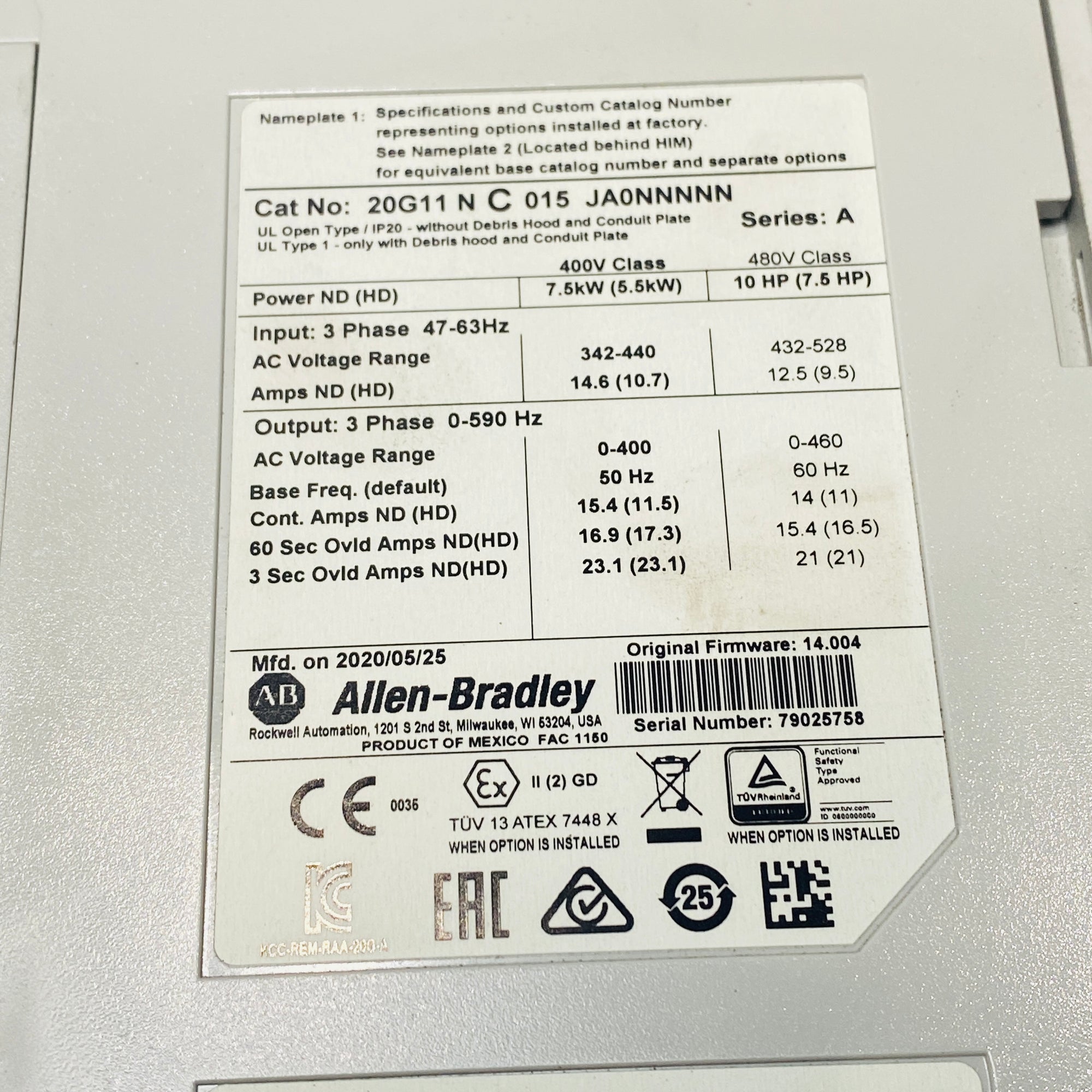 Allen Bradley 20G11NC015JA0NNNNN Inverter 7.5kW