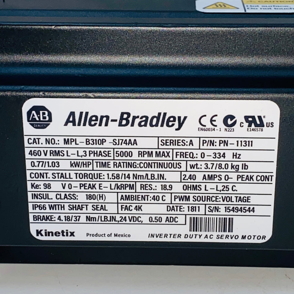 Allen Bradley MPL-B310P-SJ74AA Kinetix Inverter Duty AC Servo Motor