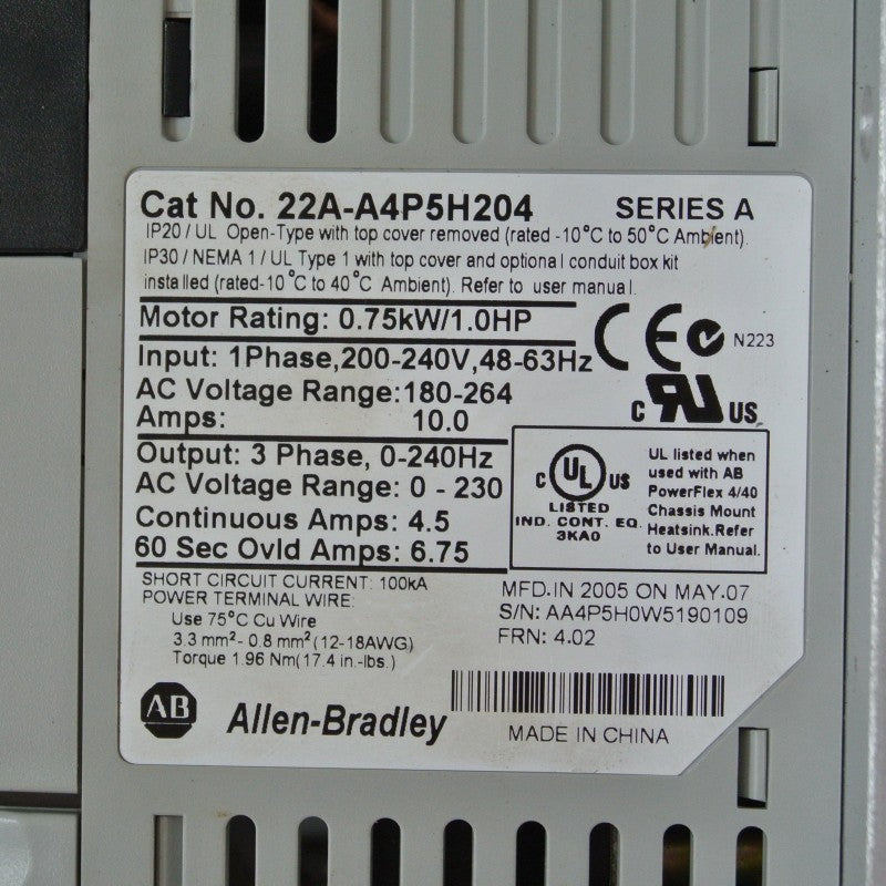 Allen Bradley 22A-A4P5H204 Power Flex逆變器 750W