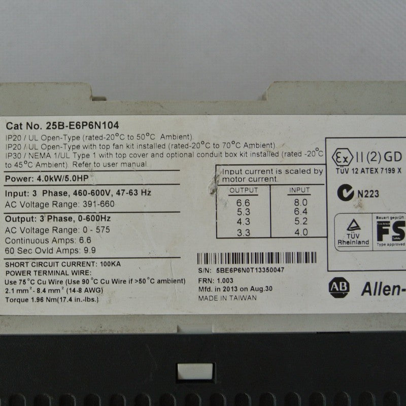 Allen Bradley 25B-E6P6N104 變頻器 5kW 輸入 460-600v