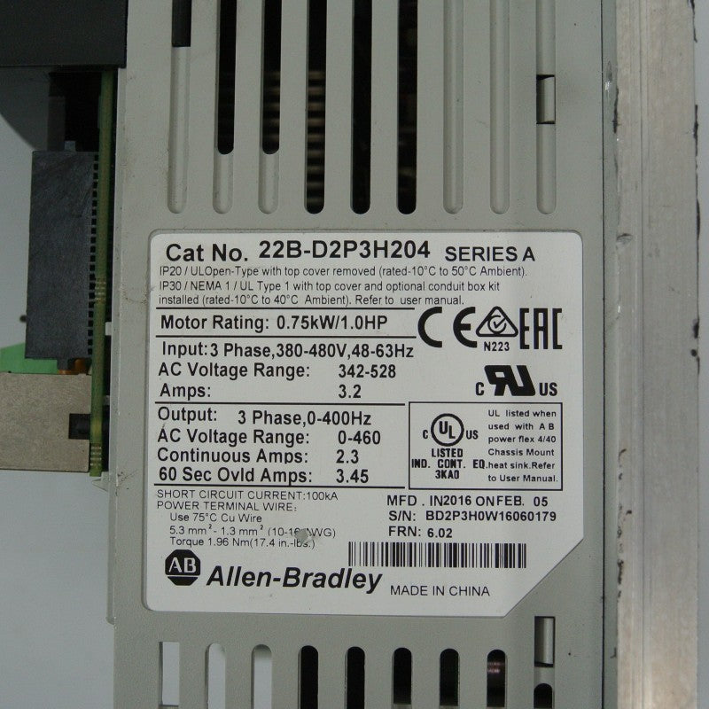Allen Bradley 22B-D2P3H204 PowerFlex 變頻器 750W 輸入 380-480V