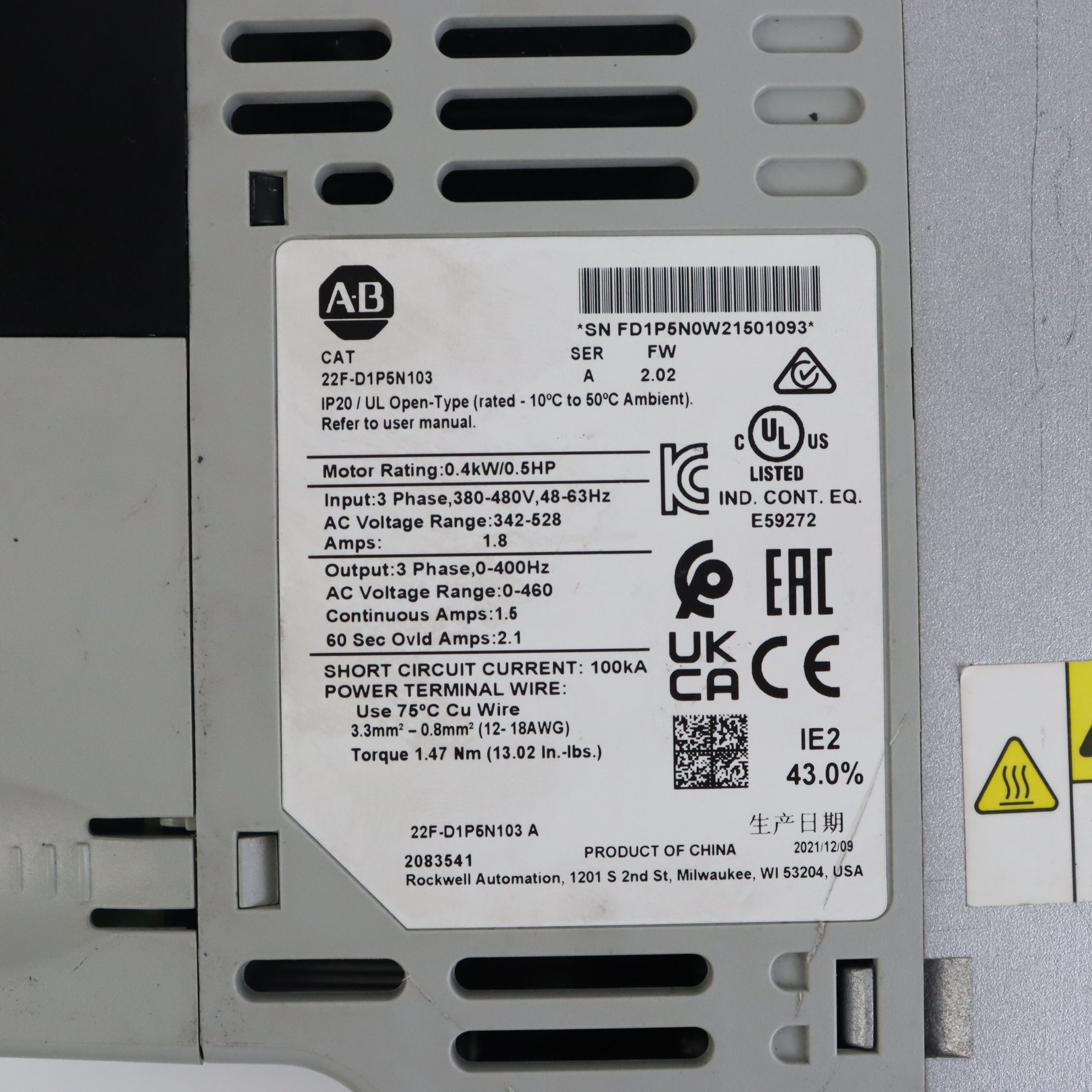 Allen Bradley 22F-D1P5N113 交流電驅動器