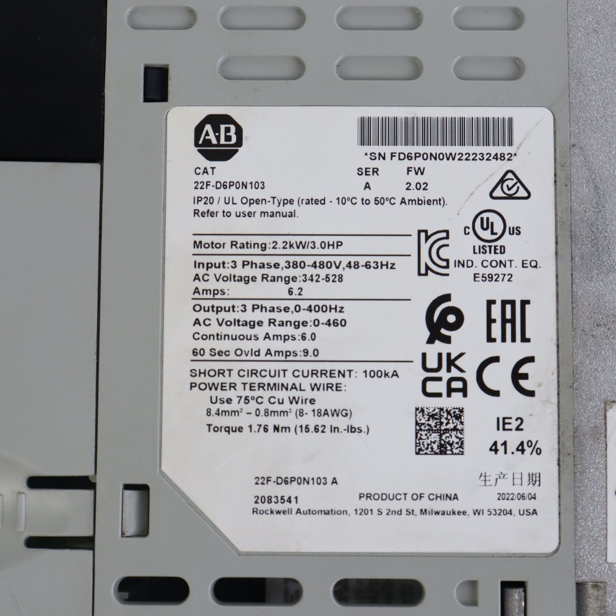 Allen Bradley 22F-D6P0N113 PowerFlex 4M-2.2 kW (3 HP) 交流驅動器