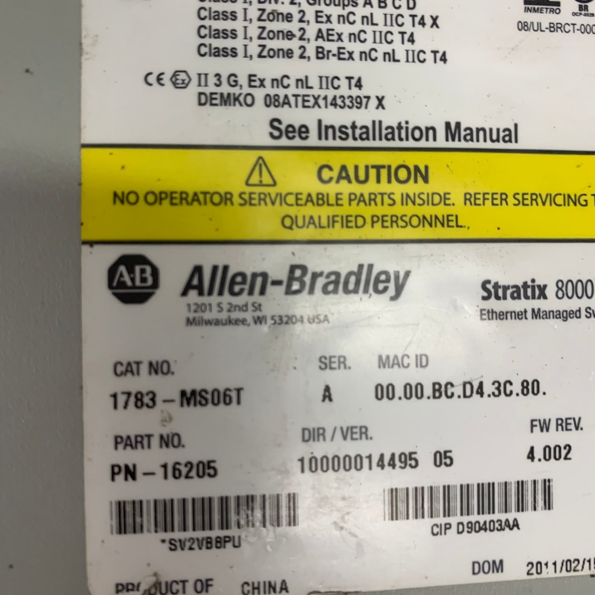 Allen Bradley STRATIX 8000 乙太網路管理型交換器 1783-MS06T