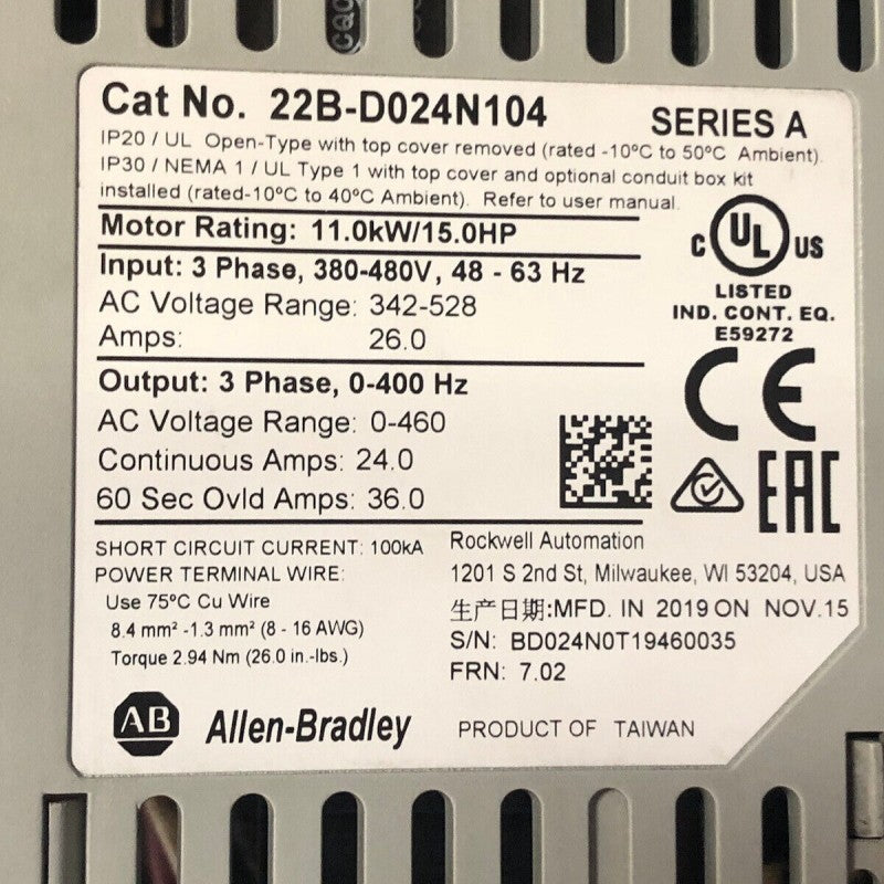 Allen Bradley 22B-D024N104 PowerFlex 40 AC Drive 400W