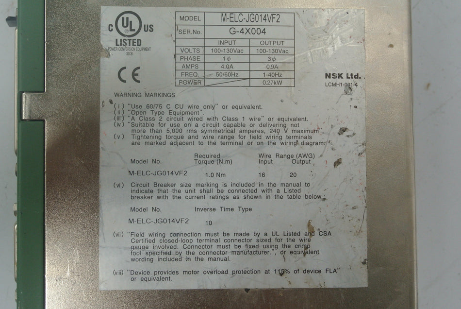 NSK M-ELC-JG014VF2-01 Servo Drive Input 100-130VAC - Rockss Automation