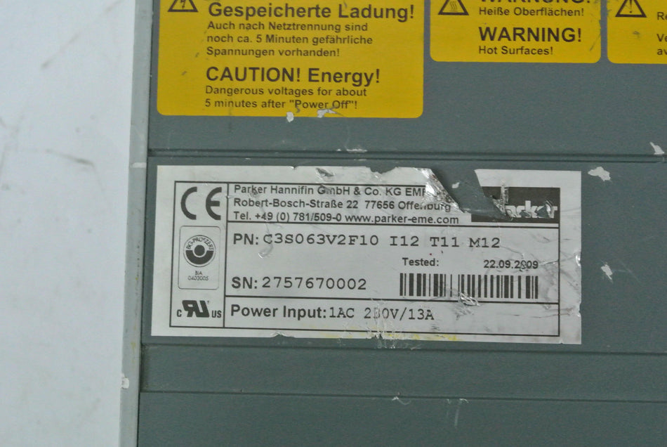 Parker C3S063V2F10I12T11M12 Servo Drive Input 230V 13A - Rockss Automation