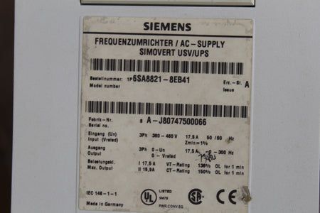 Siemens 6SA8821-8EB41 AC-Supply Simovert USV/UPS - Rockss Automation
