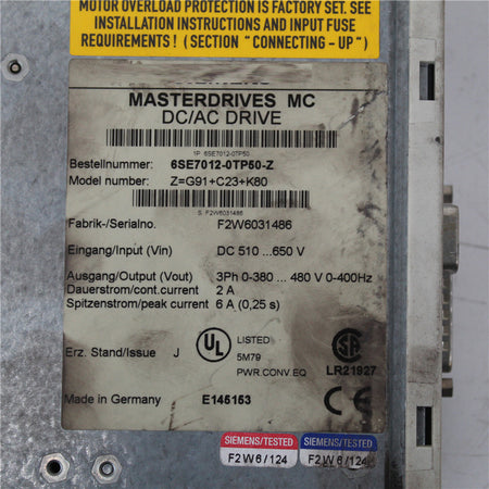 Siemens 6SE7012-0TP50-Z Z=G91+C23+K80 Master Drive - Rockss Automation