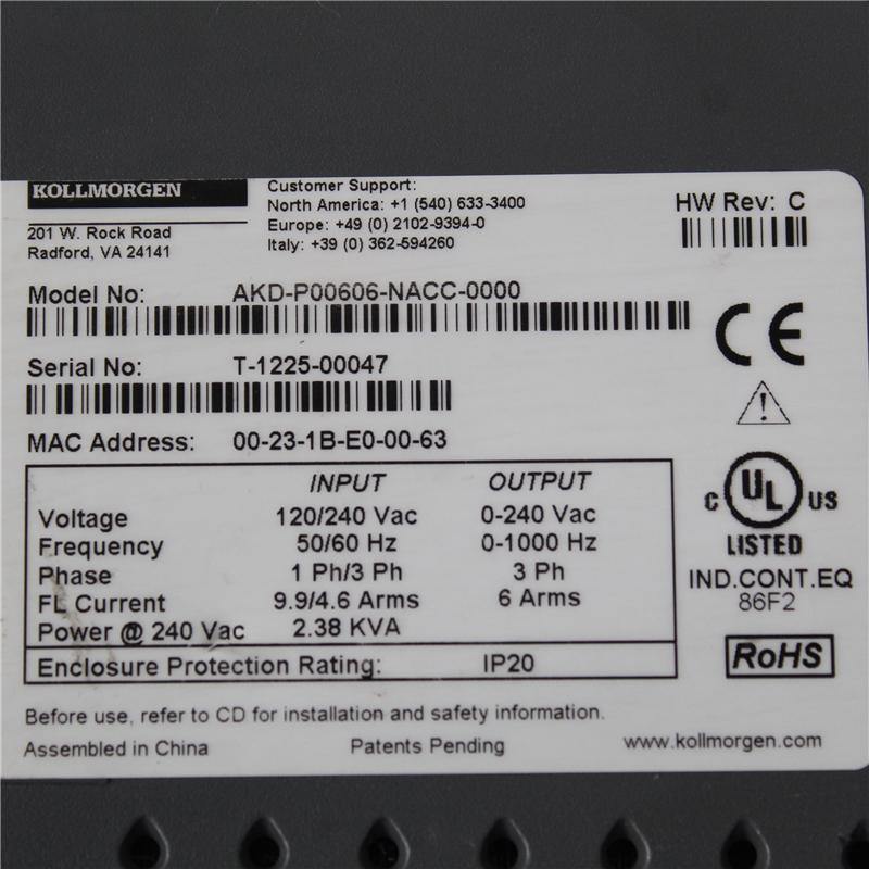 Kollmorgen INPUT 120/240 VAC AKD-P00606-NACC-0000 Servo Driver - Rockss Automation