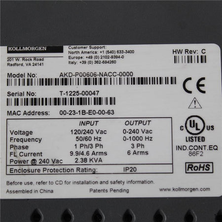 Kollmorgen INPUT 120/240 VAC AKD-P00606-NACC-0000 Servo Driver - Rockss Automation