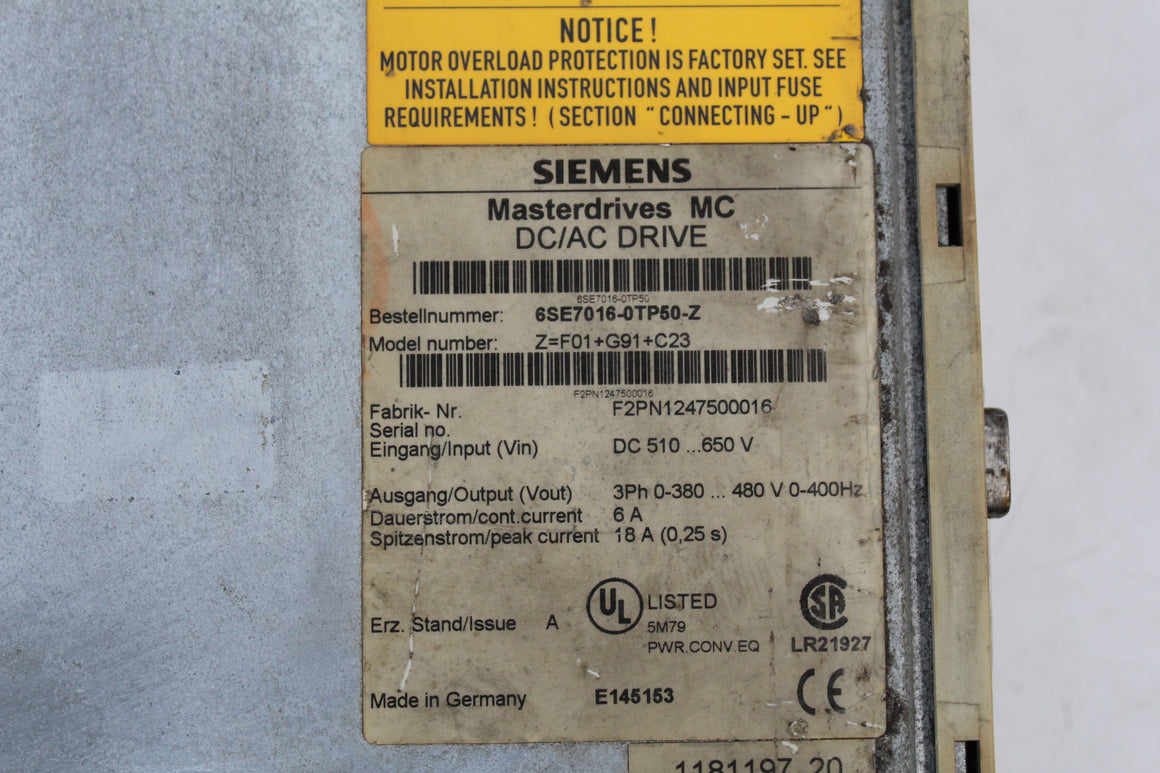 Siemens 6SE7016-0TP50-Z Z=G91+G42+C23+F01 Master Drive - Rockss Automation