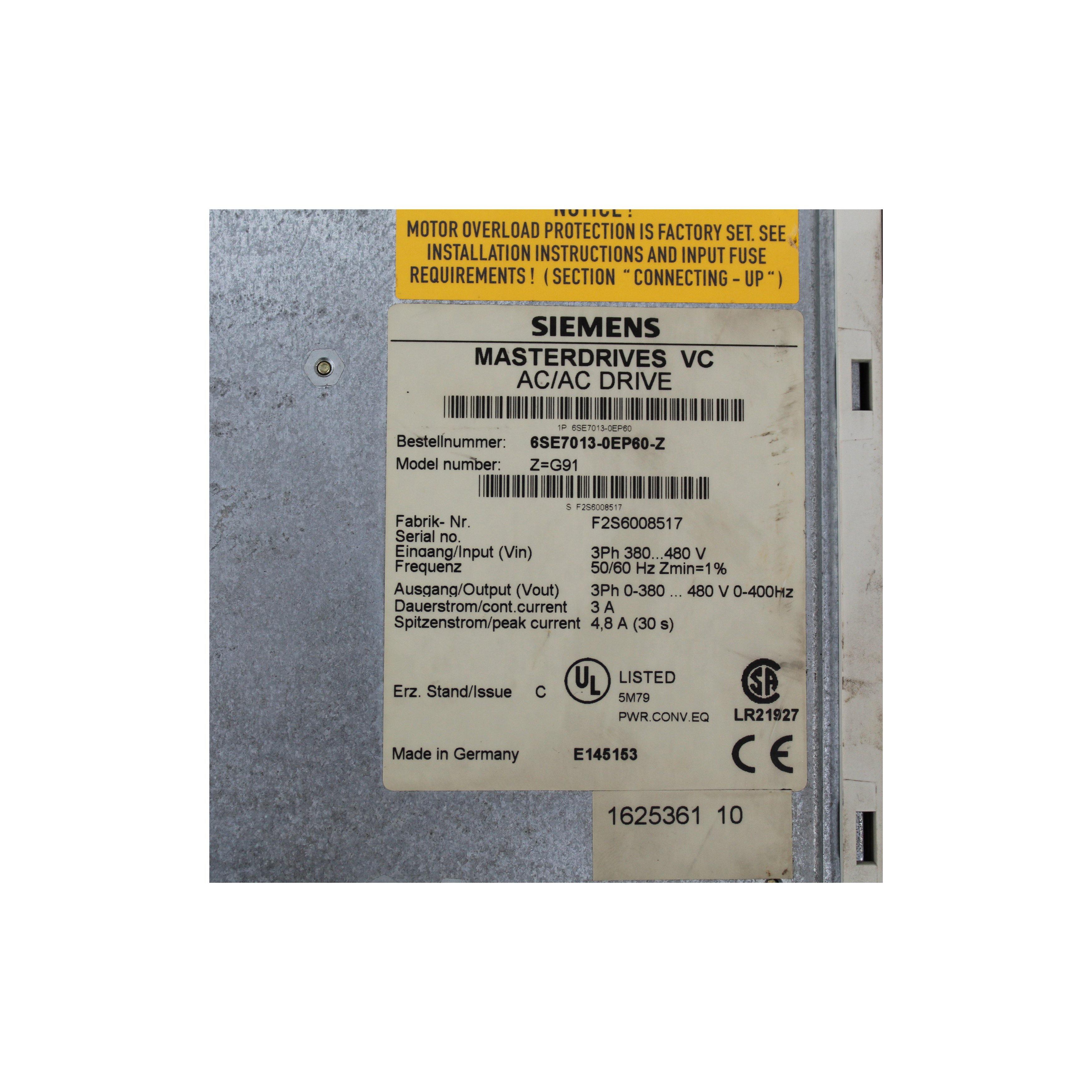 Siemens Masterdrive 6SE7013-0EP60-Z 6SE70130EP60Z Z=G91 Used In Good Condition - Rockss Automation