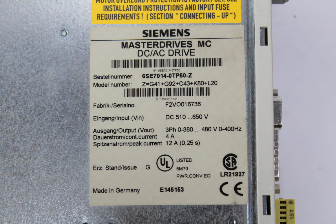 Siemens 6SE7014-0TP50-Z Z=G91+G42+C23+F01 Masterdrives - Rockss Automation