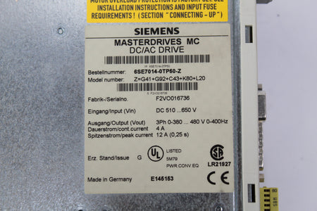Siemens 6SE7014-0TP50-Z Z=G91+G42+C23+F01 Masterdrives - Rockss Automation