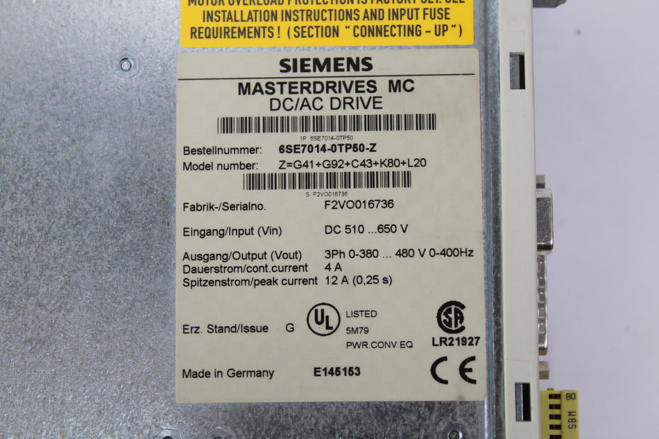 Siemens 6SE7014-0TP50-Z Z=G91+G42+C23+F01 Masterdrives - Rockss Automation