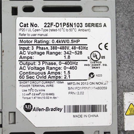 Used Allen Bradley PowerFlex4M AC Drive, Inverter 22F-D1P5N103 - Rockss Automation